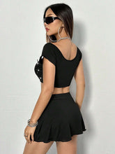 Ladies' Metallic Eyelets Square Neck Top And Skirt Set, Random Cutting Of Mesh, Random Selection Of Ties